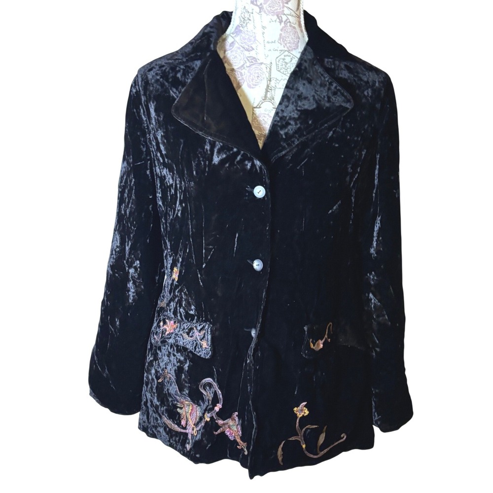Vintage Whimsigoth Velvet Embroidered Blazer Jacket Size S‎ cottagecore gothcore